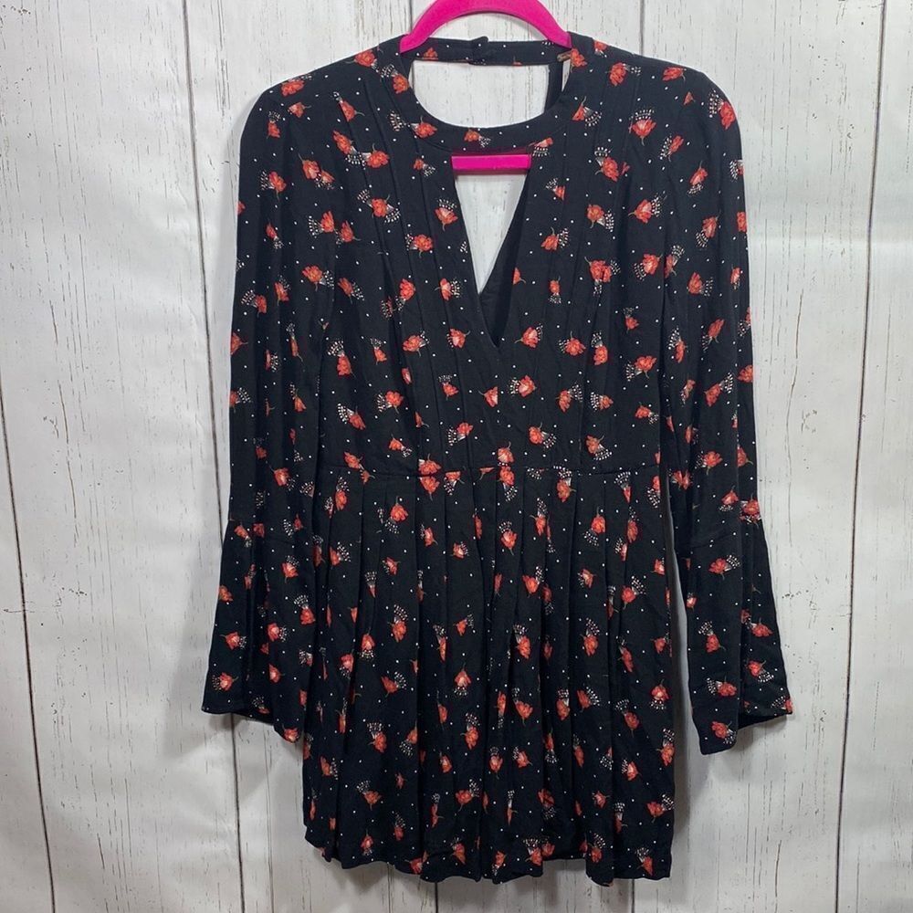 Free People Black Red Floral Long Sleeve Mini Dress Deep V Neck Boho Romantic